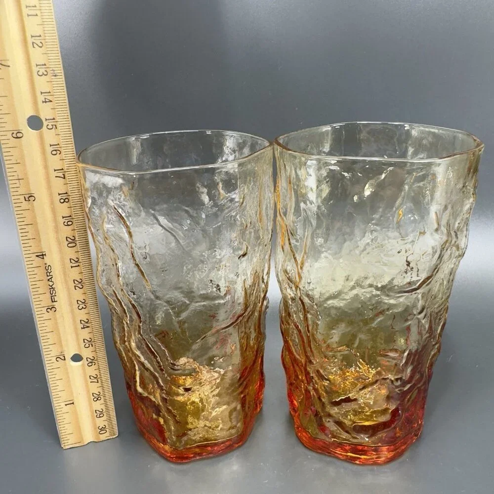 1970s Seneca Driftwood Amber Crinkle Glass Highball Tumblers Cups Set 4‎ Vintage